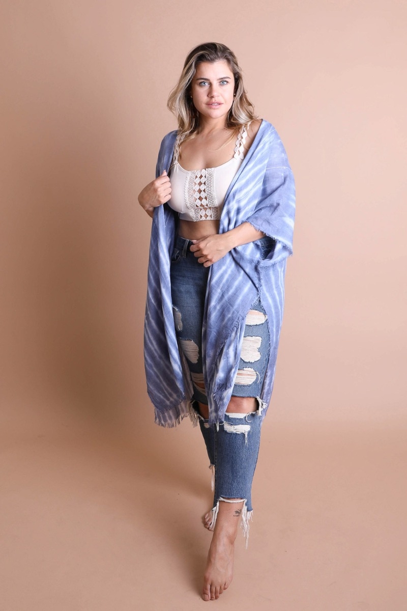 Blue Tie Dye Frayed Kimono Wholesale Vendor 