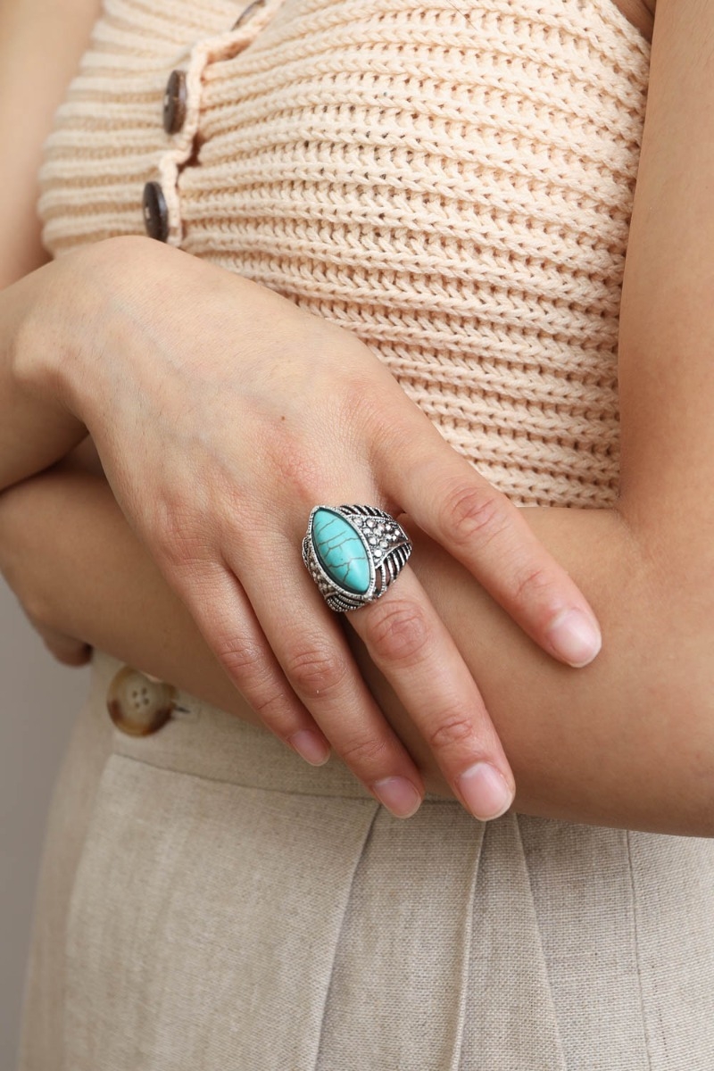 Turquoise natural stone ring antique silver rings