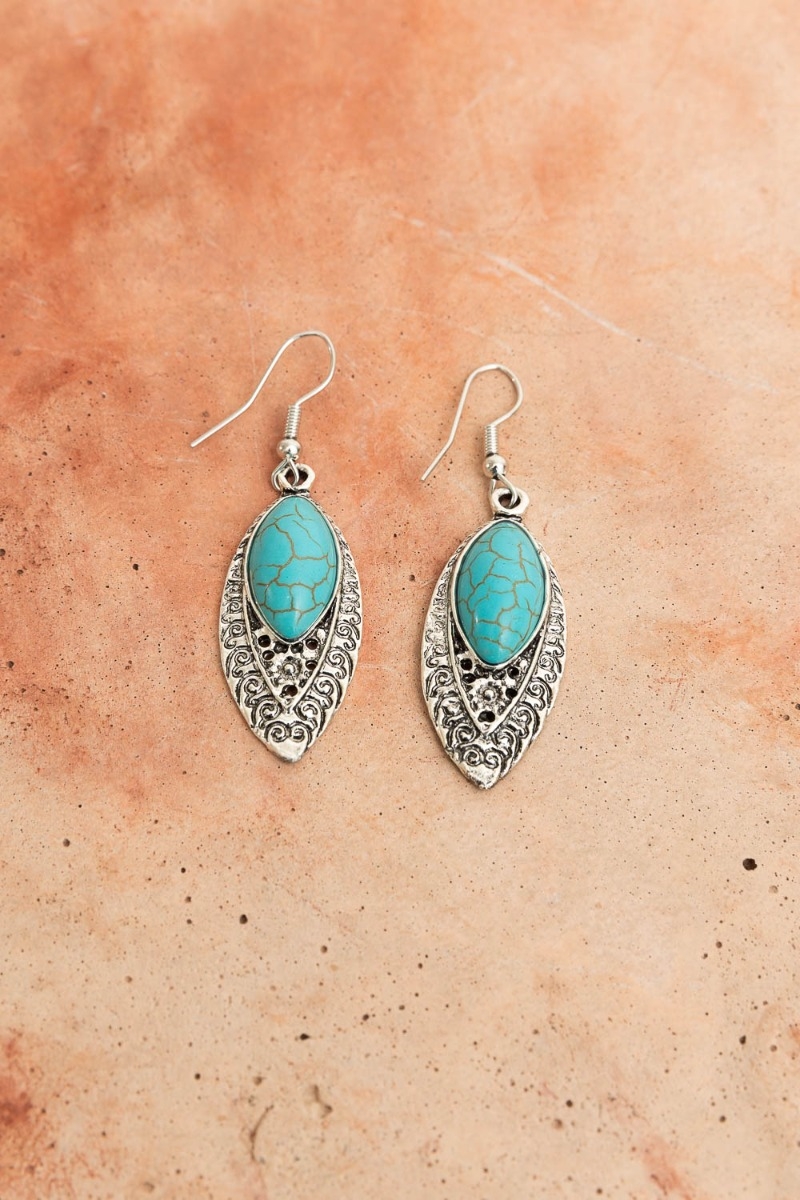 Turquoise Silver Feather Dangle Earring
