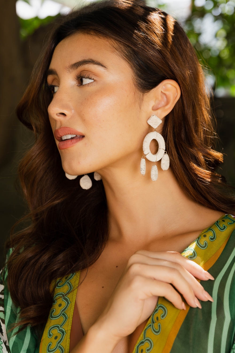 unique circle teardrop raffia earrings stylish handcrafted in india ivory. Made in India.