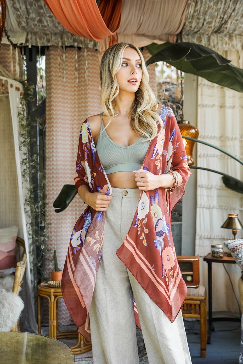 Rust Wallflower Bloom Kimono w/ Tassels 