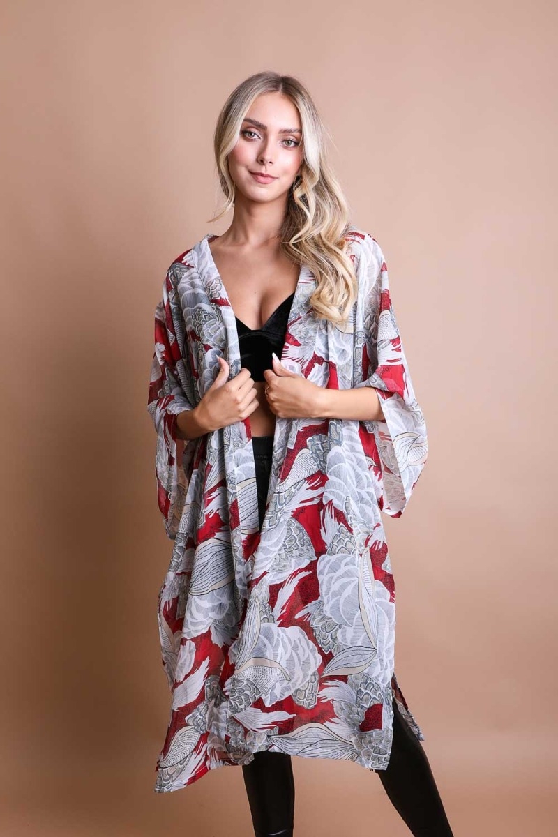 Red Ikebana Print Kimono with Skinny Suede Waist Tie Belt