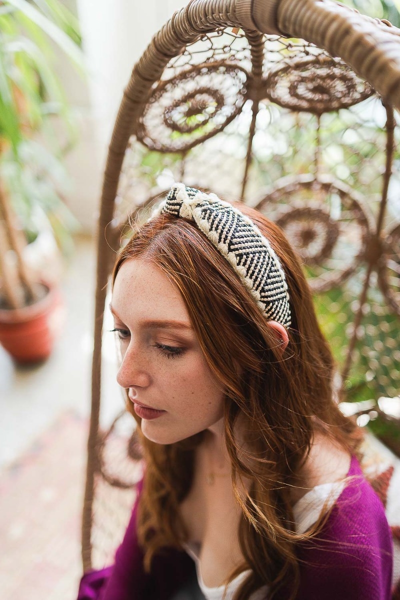 White raffia crochet topknot headband with checker pattern