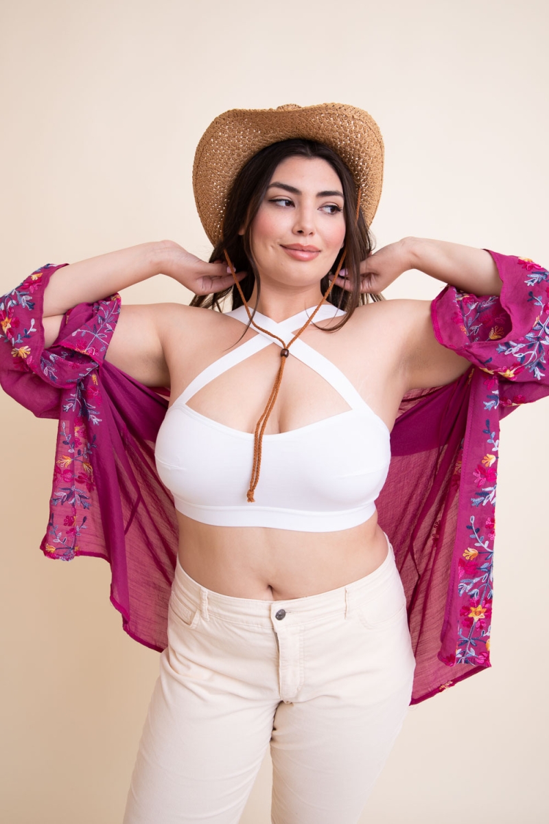 White modern ribbed plus cross front bralette, designed for versatility and style