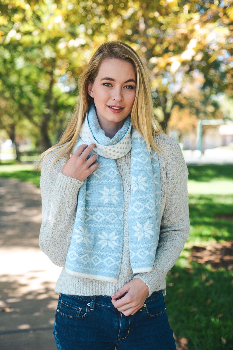 leto wholesale holiday fair isle snowflake knit scarf oblong best seller powder blue