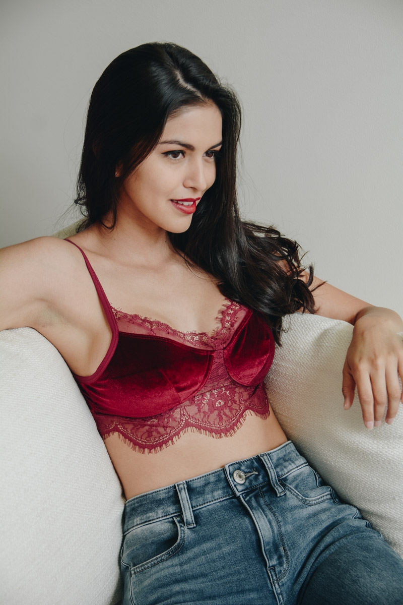 Red velvet and lace half cami ideal for feminine lingerie collections.