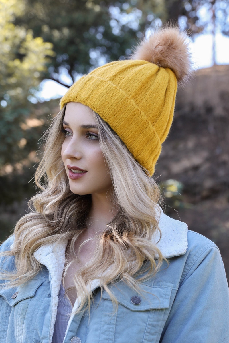soft knit fur pom beanie mustard wholesale yellow winter accessories wholesale