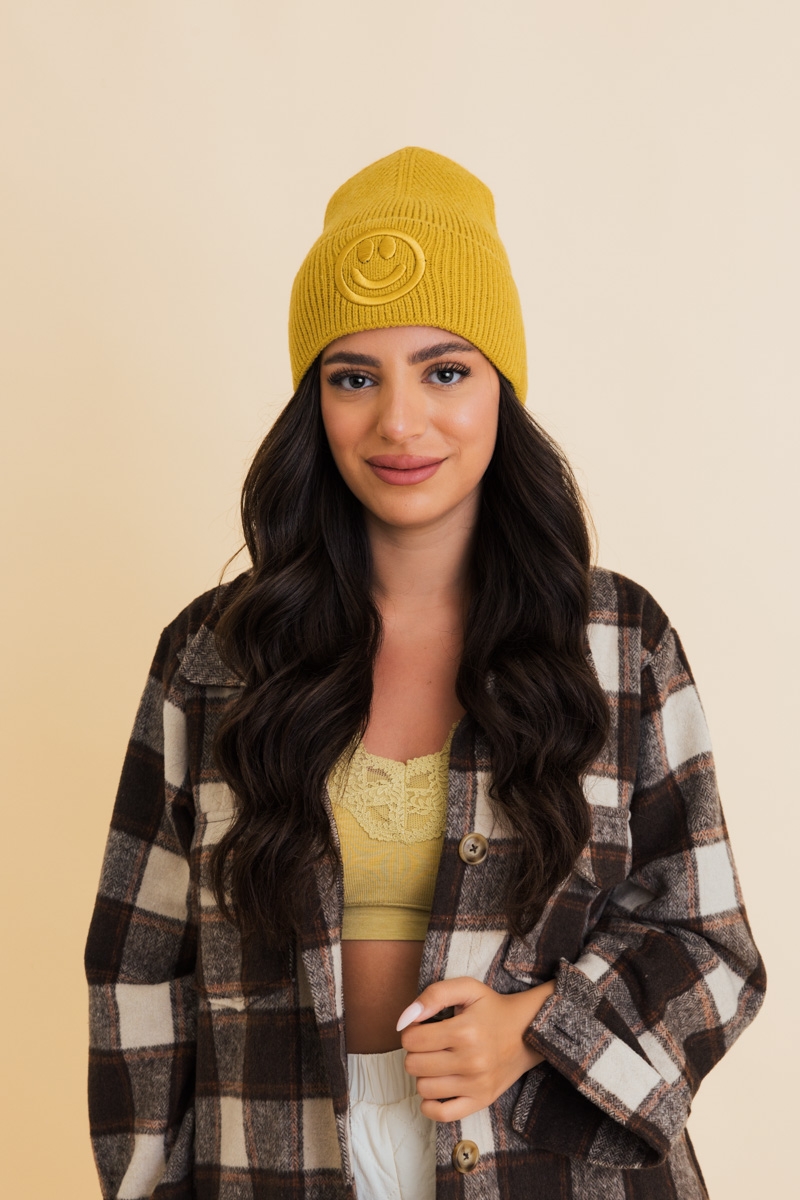 Smiley Face Embroidered Ribbed Knit Beanie