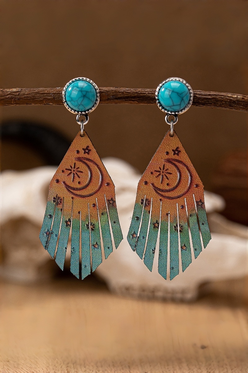 Western Moon Star Fringe Turquoise Leather Earrings