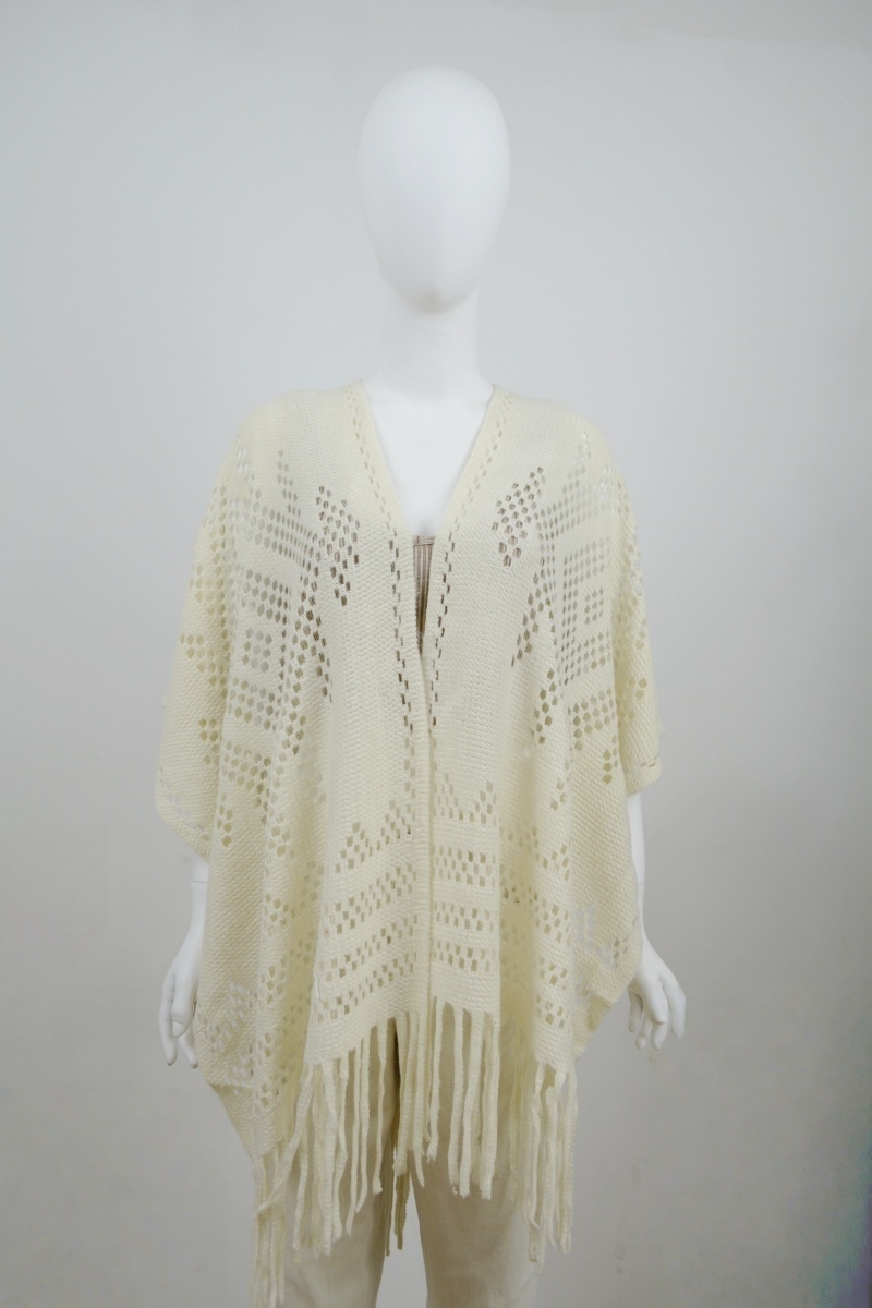 Women Hollow Knit Tassel Poncho Open Front Fringe Knitted Shawl Wrap