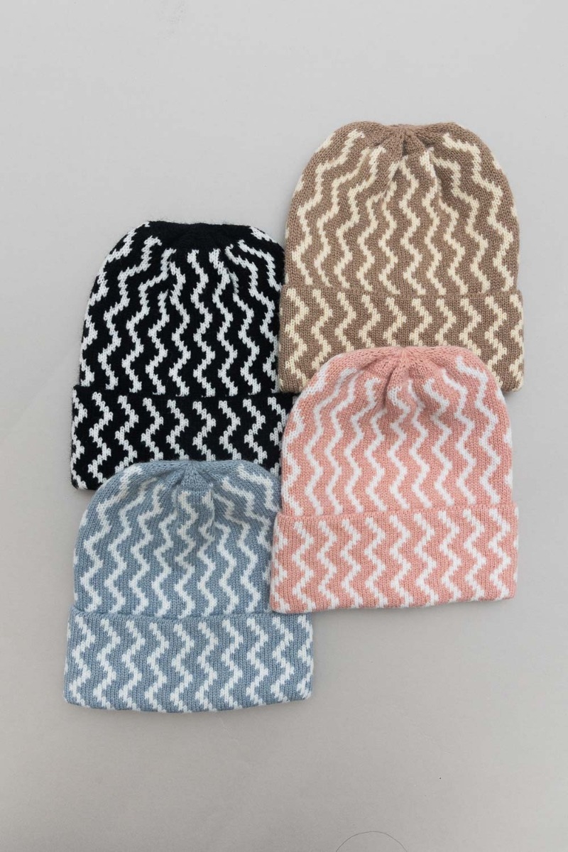 Zigzag knit beanies in all colors, perfect for winter fashion and cozy wear.