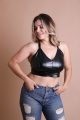 Black long-line plus size faux leather bralette with a deep V-neck, perfect for curvy fashion.