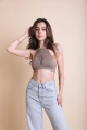Seamless floral cutout crop top in mocha color