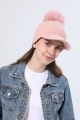 Women ribbed knit visor beanie faux fur pom pom winter hat