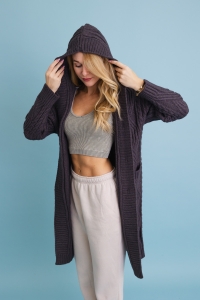 Oversized Cable Knit Hooded Cardigan – Cozy Mid-Length Style 