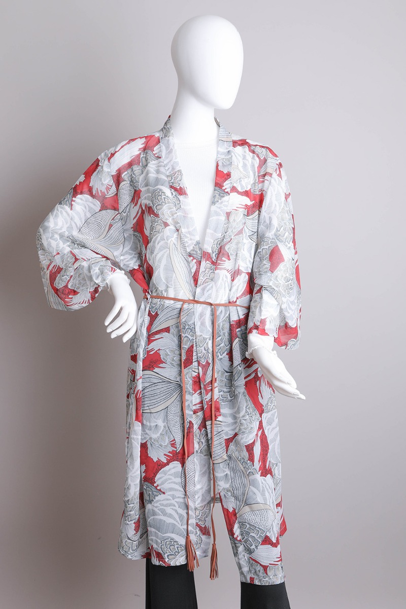 Ikebana Print Kimono with Suede Tassel Tie Belt - Floral Elegance Redefined